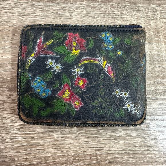 Vtg Morocco Grain American Leather Wallet Bird Floral Tooled Delicate Zip Around - Picture 2 of 10